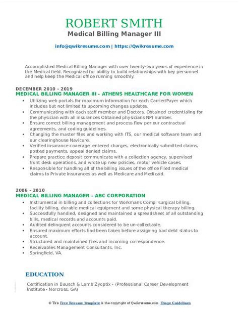 Medical Billing Manager Resume Samples Qwikresume