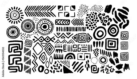 Abstract black and white african art shapes collection, tribal doodle ...