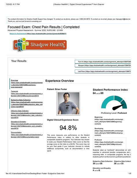 Brian Foster Subjective Data Focused Exam Chest Pain Results