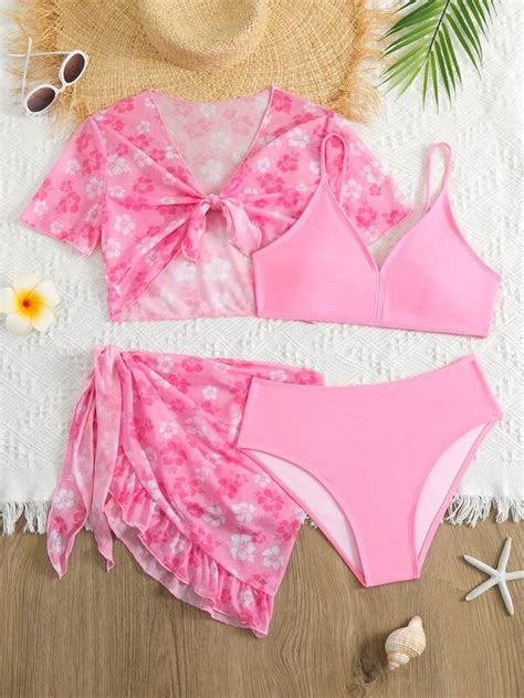 SHEIN Chicas adolescentes piezas con estampado floral Bañador bikini con cover up Set Moda