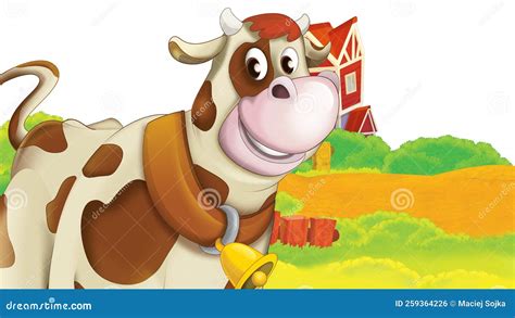 Cartoon Farm Scene With Happy Cow Illustration Stock Illustration