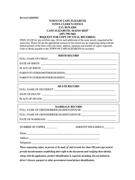 Fillable Online Vital Records Request Form Town Of Cape Elizabeth