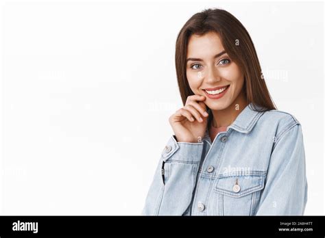 Feminine Tender And Beautiful Brunette Woman In Denim Jacket Touching
