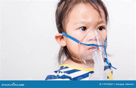 Closeup Asian Face, Little Baby Girl Sick Her Using Steam Inhaler Nebulizer Mask Inhalation ...