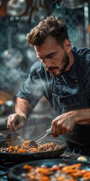 Premium Photo Focused Male Chef Cooking In A Restaurant Kitchen