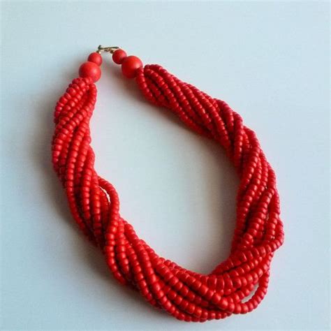 Vintage Hot Coral Red Multi Strand Beaded Necklace By Showingmyage 2200 Multi Strand Beaded