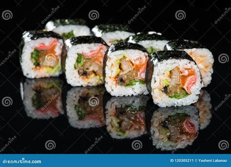 Traditional Japanese Cuisine Tasty Sushi Rolls With Rice Cream Stock