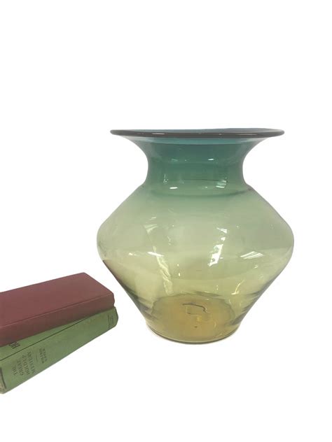 Extra Large Blenko Art Glass Vase Vintage Desert Green Blue To Amberyellow Heavy Glass Vase