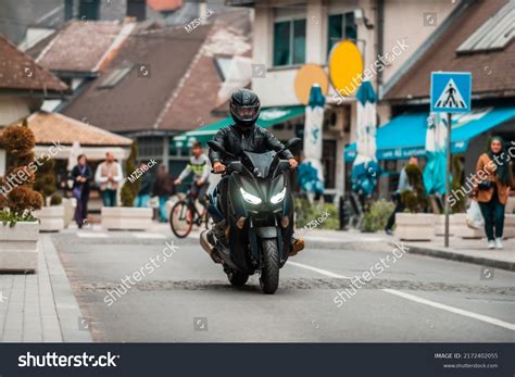 Modern Motorcyclist Drives On Motorcycle On Stock Photo 2172402055 ...