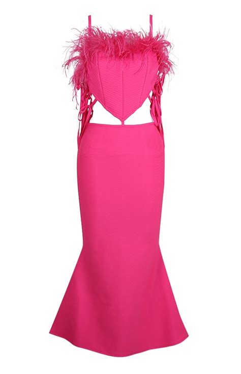 Rosette Open Bust Pink Feathers Sleeveless Bandage Party Dress Blushouse