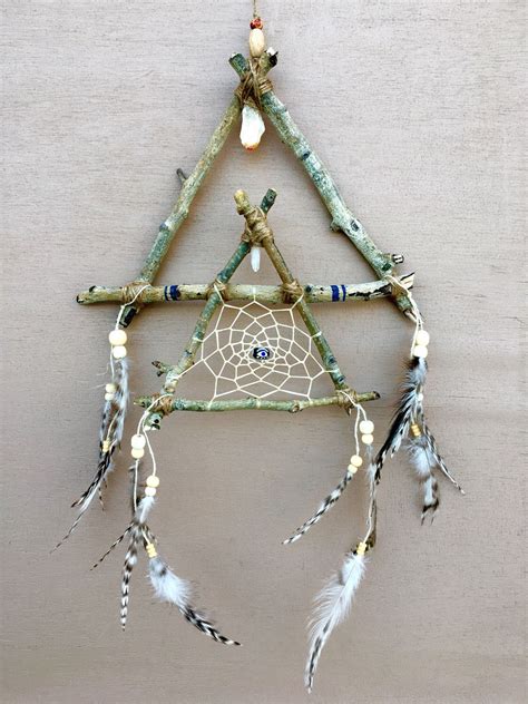 Natural Geometric Aspen Wood And Crystals Dream Catcher Shamanic Tool