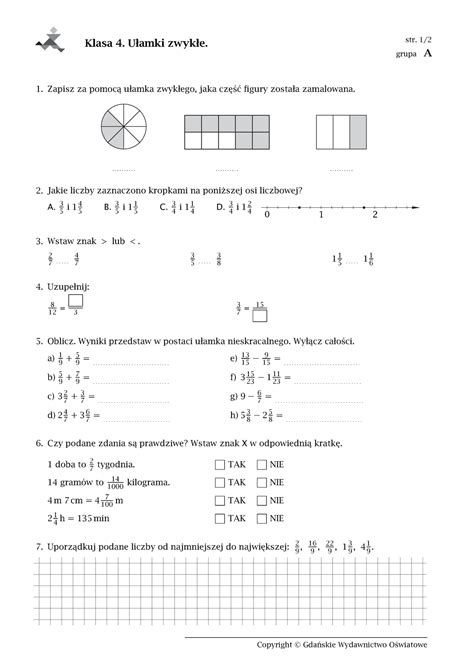 Ułamki Zwykłe Materiały Do ćwiczeń Klasa 4 Ułamki Zwykłe Str 1