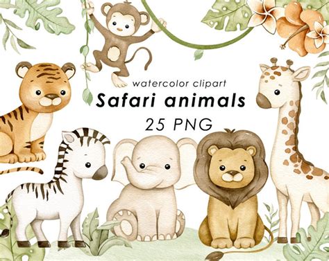 Safari Animals Watercolor Clipart Jungle Animals Clip Art Neutral