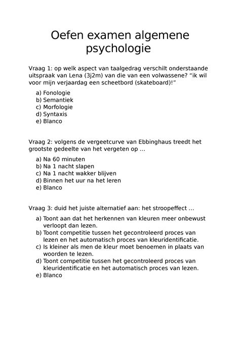 Oefen Examen Algemene Psychologie Oefen Examen Algemene Psychologie