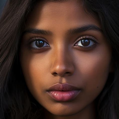 Premium Photo | A woman with dark hair and a light brown eyes looks into the camera.