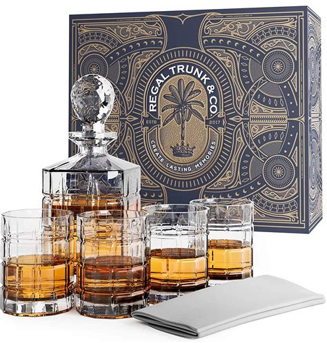 Buy Regal Trunk And Co Whiskey Decanter Set With Glasses 4 Square Engraved Tumblers Whisky