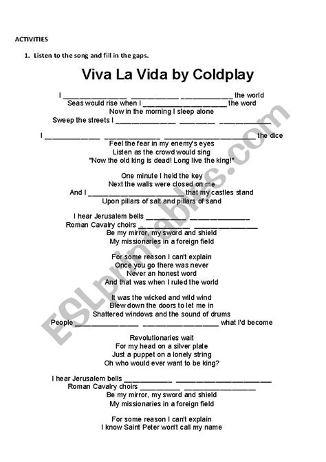 Song To Practise Used To Viva La Vida By Coldplay Esl Worksheet By