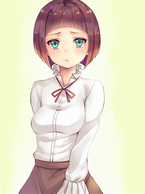 Safebooru 1girl Bangs Blunt Bangs Bob Cut Brown Hair Green Eyes