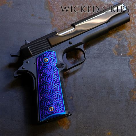 Custom 1911 Pistol Grips Blue Pvd Vortex Weave