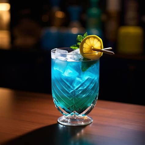 Premium AI Image A Glass Of Blue Cocktail With A Lemon Wedge On Top Of It