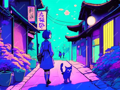 日本の路地を歩くアニメの女の子と猫 プレミアム写真