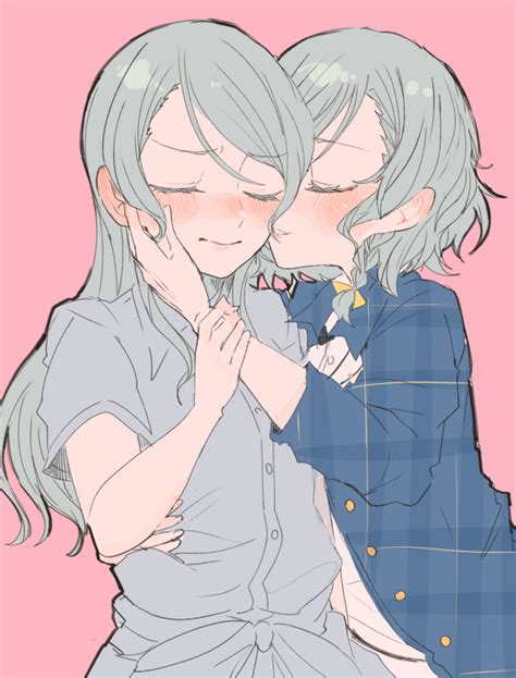 The Big Imageboard Tbib Bang Dream Blue Hair Blush Braid Cheek Kiss Closed Eyes Hikawa Hina