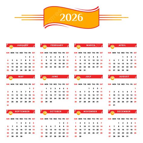 빨간색과 노란색이 독특한 디자인의 2026년 달력 벡터 달력 2026년 달력 연간 달력 Png 일러스트 및 벡터 에 대한