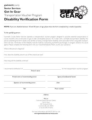 Fillable Online Disability Verification Form Gwinnett County GA Fax