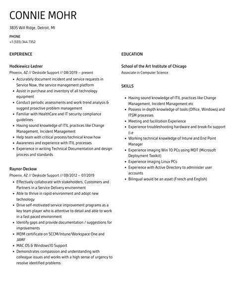 Deskside Support Resume Samples Velvet Jobs