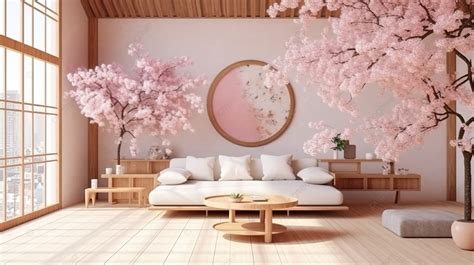 Fondo Sala De Estar Japonesa Renderizada En 3d Con Detalles De Sakura