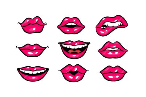 Premium Vector Pink Red Woman Lips In Pop Art Style Set Cartoon Girl