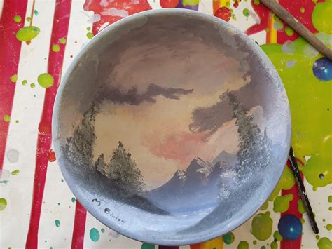 My First Ever Bob Ross Painting And Its Done On A Bowl Rhappytrees