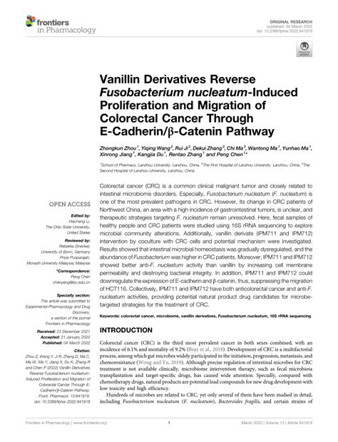 Pdf Vanillin Derivatives Reverse Fusobacterium Nucleatum Induced