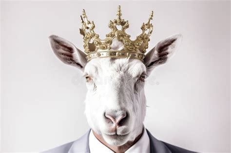 Portrait Of A Goat In A Suit With A Golden Crown On His Head Stock