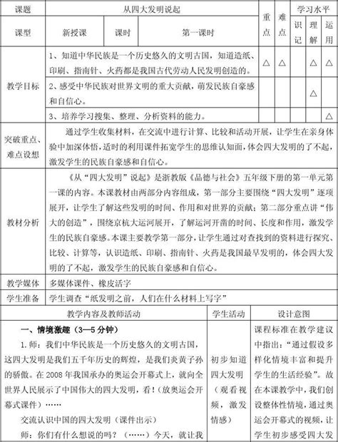 从四大发明说起第一课时教学设计word文档在线阅读与下载无忧文档