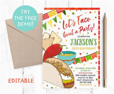 Taco Party Invitation Template Free - Printable Word Searches