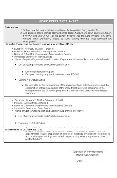 Work Experience Sheet Template