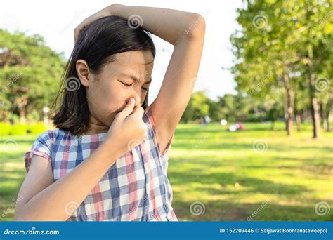 Closeup Asian Cute Little Girl Feel Bad Foul Odor Situationsmelling