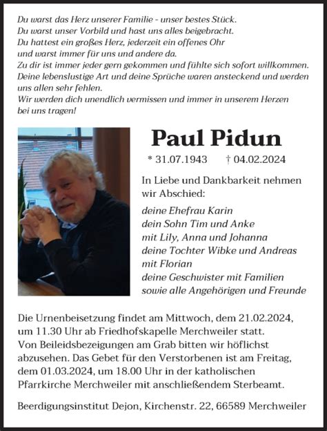 Traueranzeigen Von Paul Pidun Saarbruecker Zeitung Trauer De