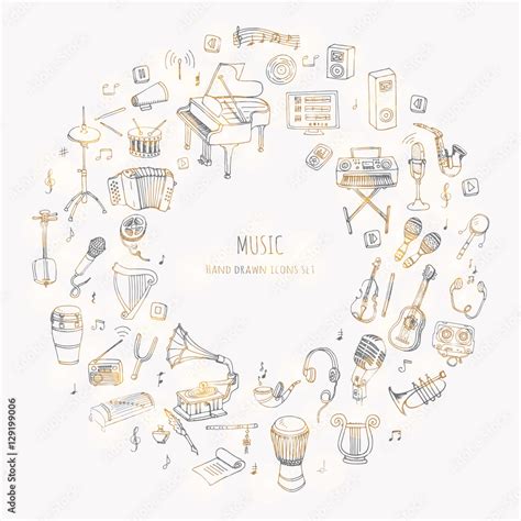 Hand Drawn Doodle Music Set Vector Illustration Musical Instrument And