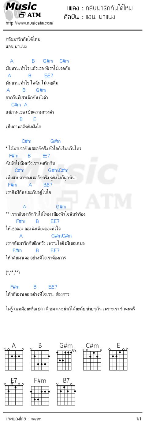 คอร์ดเพลง กลับมารักกันได้ไหม แอน มาแนง Musicatm