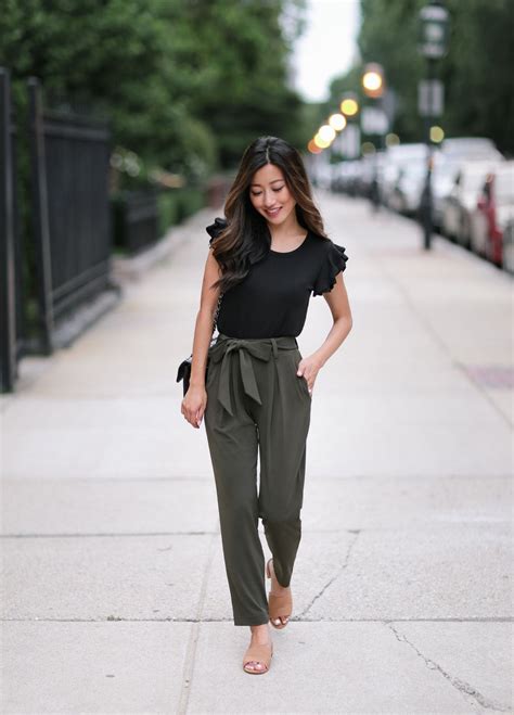 Stylish Casual Summer Outfit Idea Petite Ankle Pants Ruffle Tee