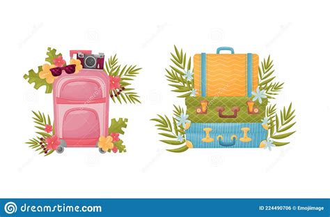 Travel Suitcase And Trunks With Green Leaves And Vacation Symbols Vector Set Stock Vector