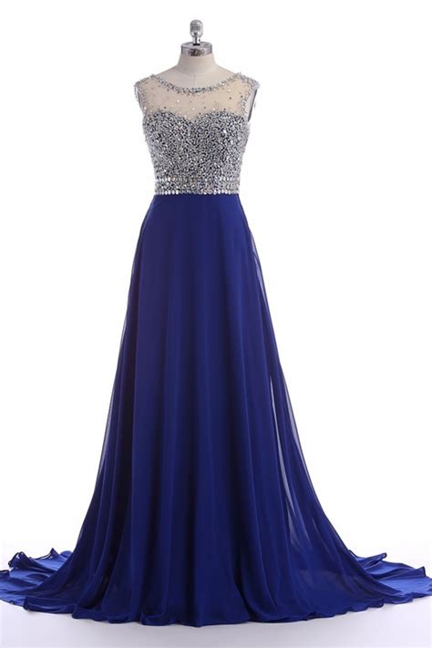 Royal Blue Chiffon Long Prom Dresses With Rhinestone Beaded Bodice And