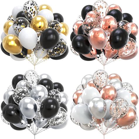 27 29 31pcs Black Gold White Balloons Metallic Rose Gold Confetti Latex