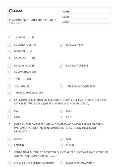 Cantidad De Comparaci N Hojas De Trabajo Para Grado En Quizizz