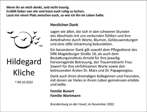 Traueranzeigen von Hildegard Kliche Märkische Onlinezeitung Trauerportal