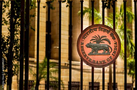 Delhi India Rbi Logo On The Closed Iron Gate Of Reserve Bank Of