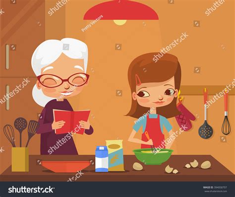 Grandmother Granddaughter Cook Vector Flat Cartoon Stock Vector