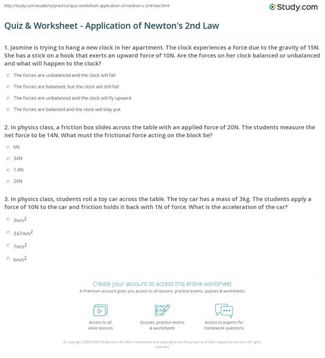 Quiz & Worksheet - Application of Newton's 2nd Law | Study.com